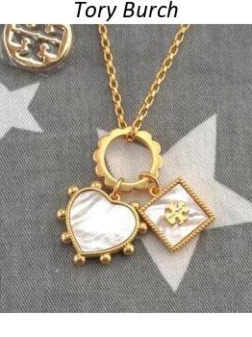 Tory Burch Heart and Square Charm Necklace in Mother of Pearl (Brand New)